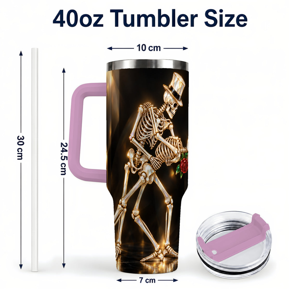 #pl[40oz|Pink] Skeleton Dance 40oz Tumbler with Handle, Golden Gothic Stainless Steel Cup