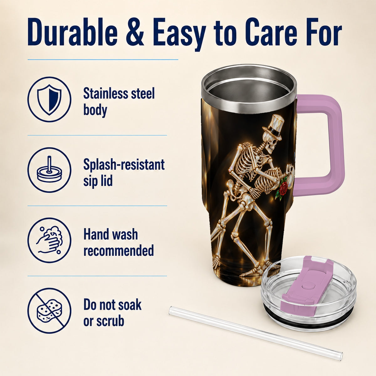 #pl[40oz|Pink] Skeleton Dance 40oz Tumbler with Handle, Golden Gothic Stainless Steel Cup