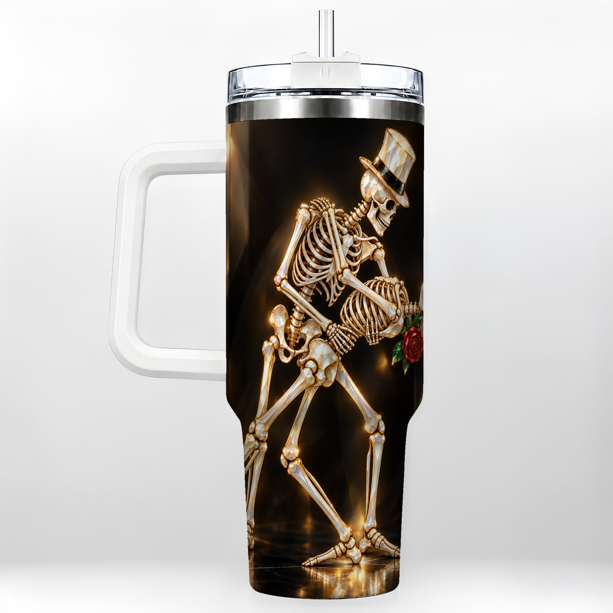 Skeleton Dance 40oz Tumbler with Handle, Golden Gothic Stainless Steel Cup