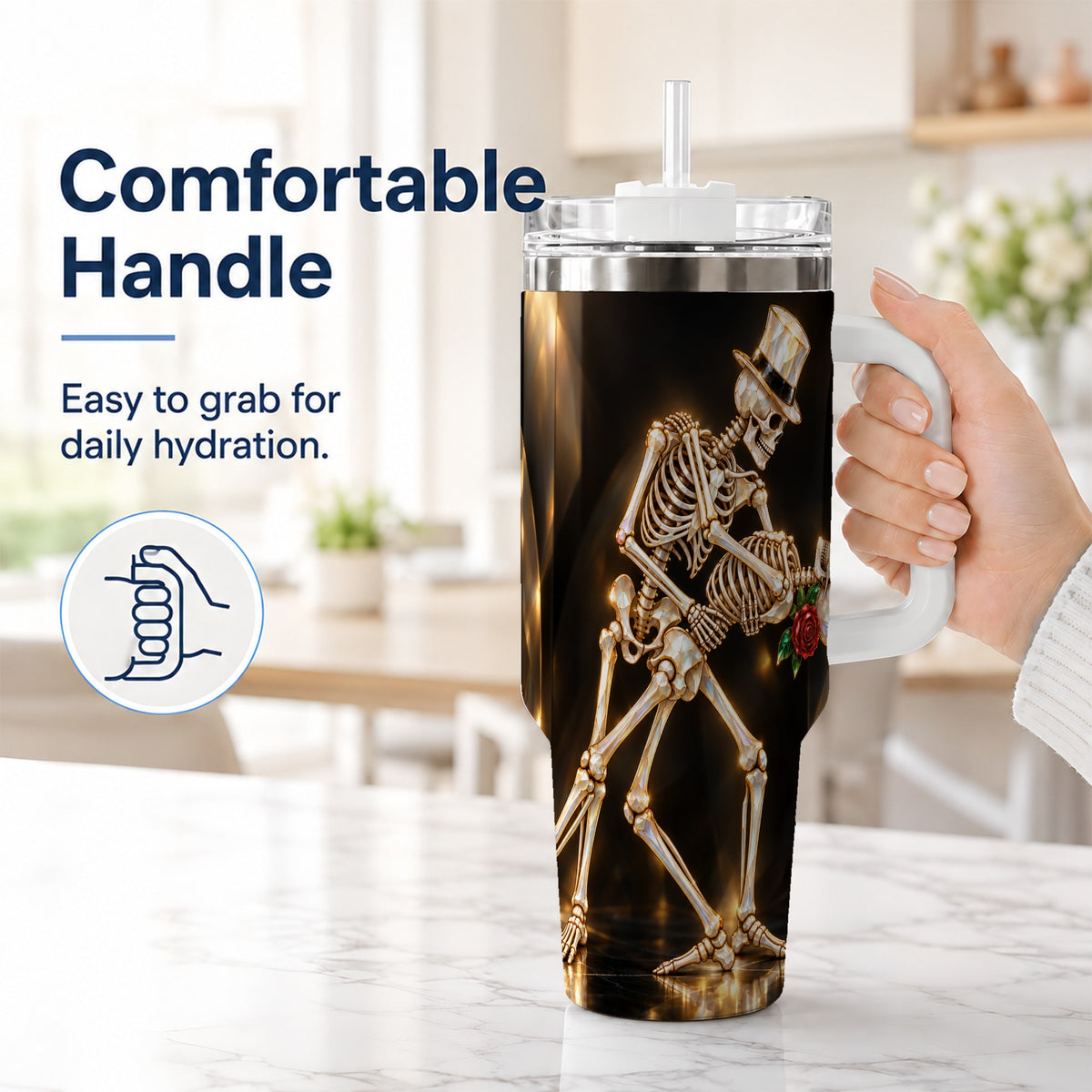 #pl[40oz|White] Skeleton Dance 40oz Tumbler with Handle, Golden Gothic Stainless Steel Cup