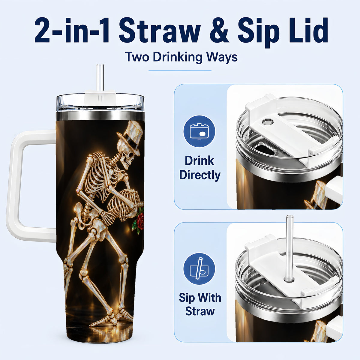 #pl[40oz|White] Skeleton Dance 40oz Tumbler with Handle, Golden Gothic Stainless Steel Cup