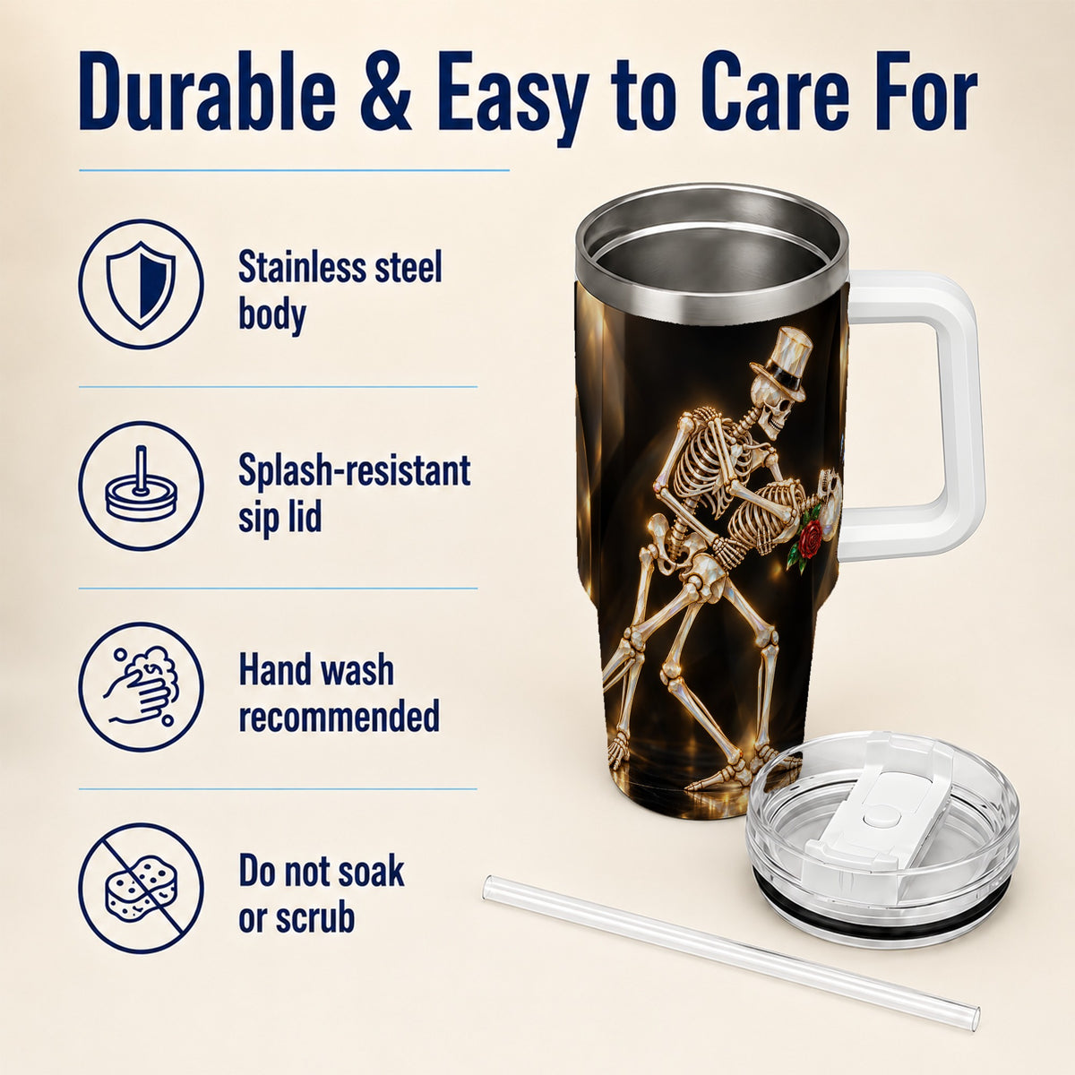 #pl[40oz|White] Skeleton Dance 40oz Tumbler with Handle, Golden Gothic Stainless Steel Cup