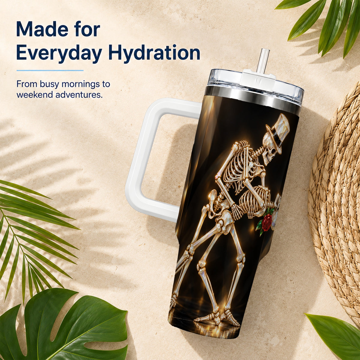 #pl[40oz|White] Skeleton Dance 40oz Tumbler with Handle, Golden Gothic Stainless Steel Cup