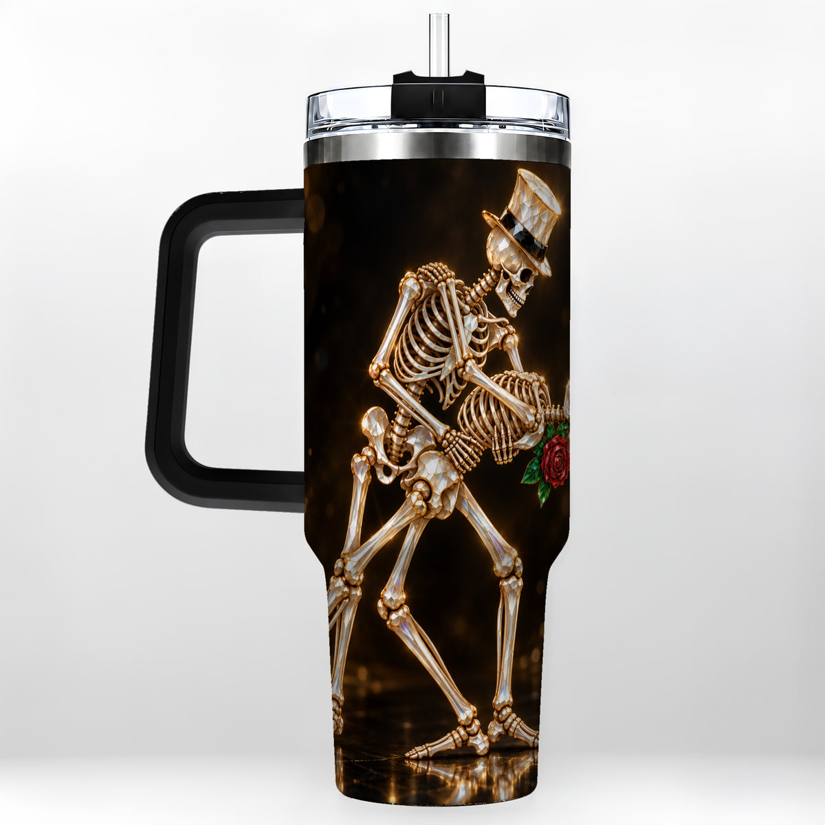 #pl[40oz|Black] Skeleton Couple 40oz Tumbler with Handle, Gothic Stainless Steel Cup