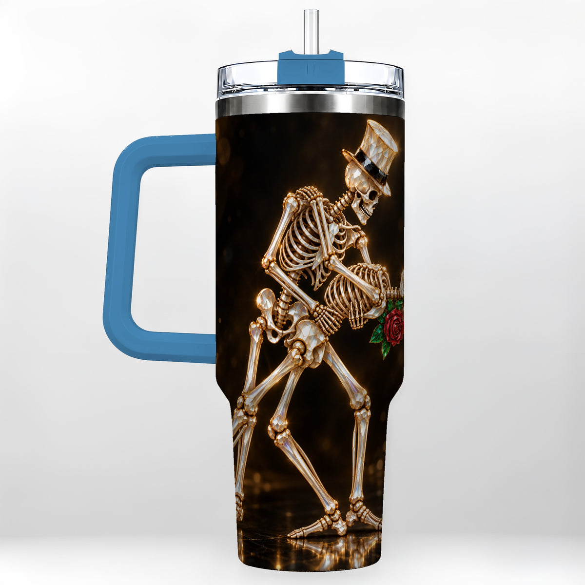 #pl[40oz|Blue] Skeleton Couple 40oz Tumbler with Handle, Gothic Stainless Steel Cup
