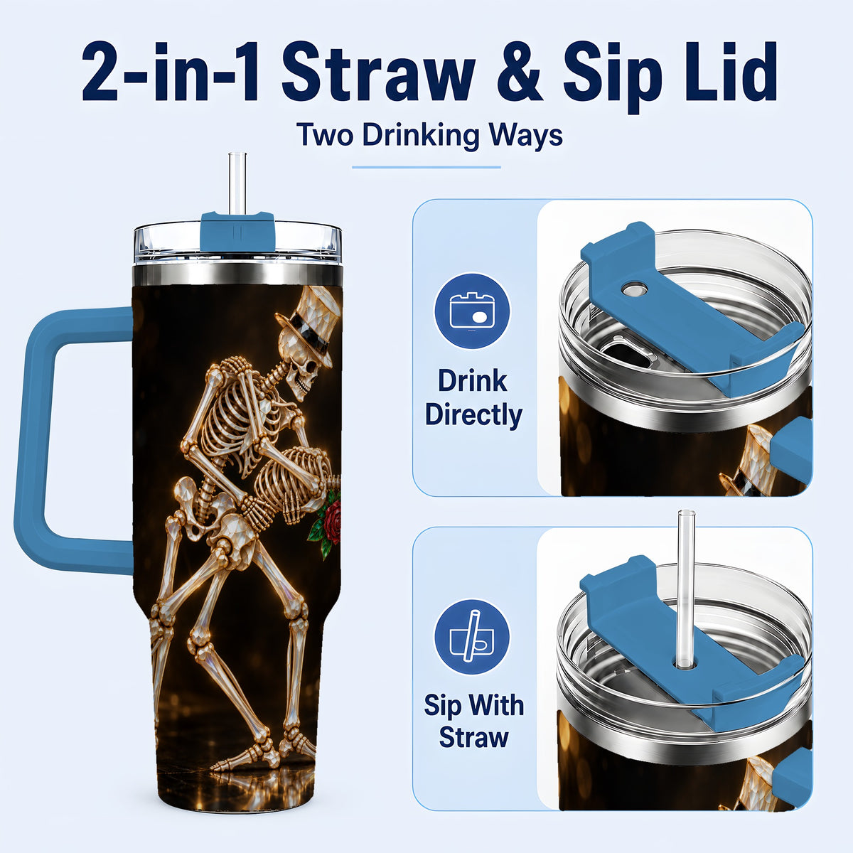 #pl[40oz|Blue] Skeleton Couple 40oz Tumbler with Handle, Gothic Stainless Steel Cup
