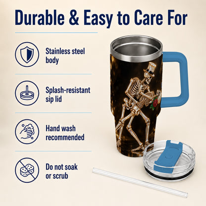 #pl[40oz|Blue] Skeleton Couple 40oz Tumbler with Handle, Gothic Stainless Steel Cup