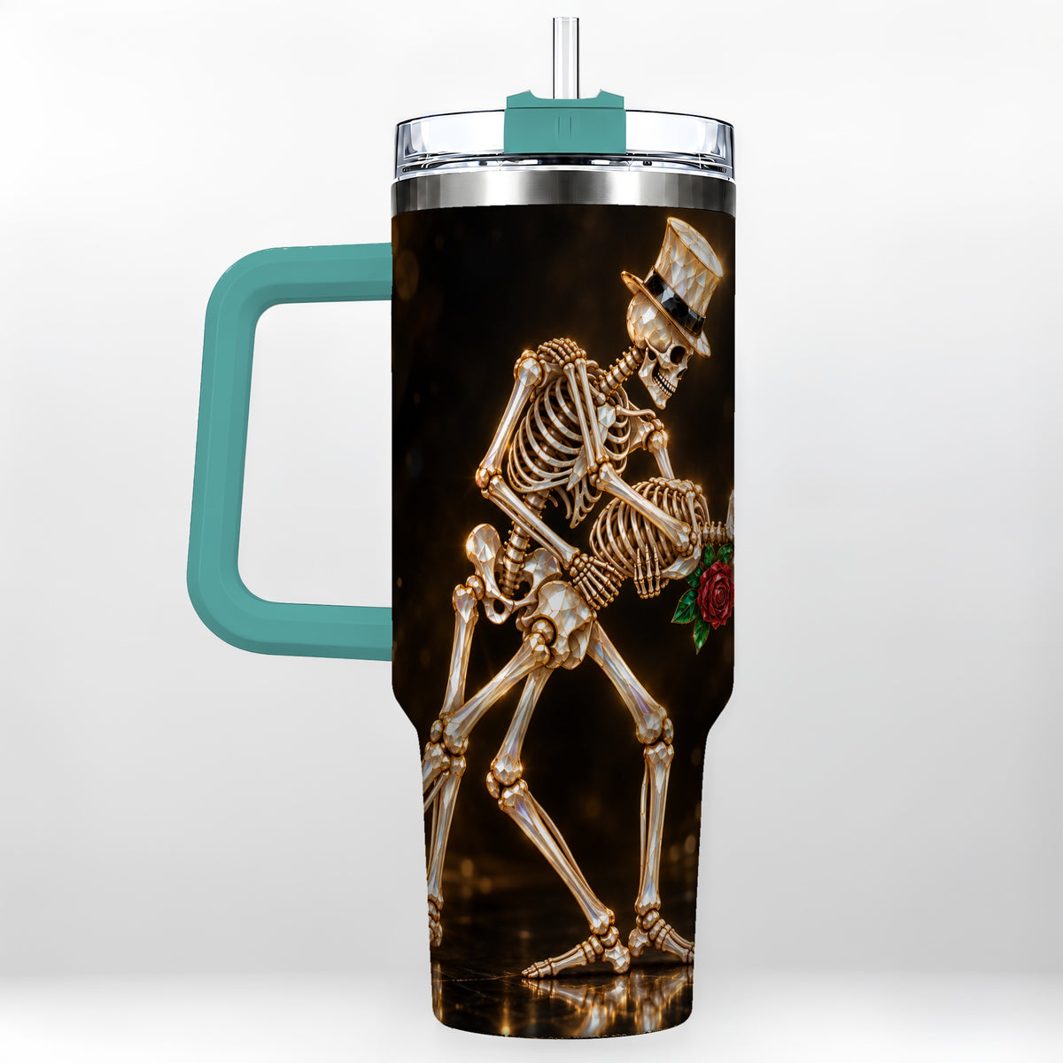#pl[40oz|Green] Skeleton Couple 40oz Tumbler with Handle, Gothic Stainless Steel Cup