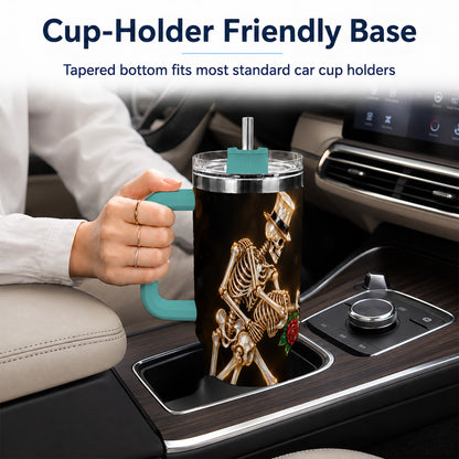 #pl[40oz|Green] Skeleton Couple 40oz Tumbler with Handle, Gothic Stainless Steel Cup