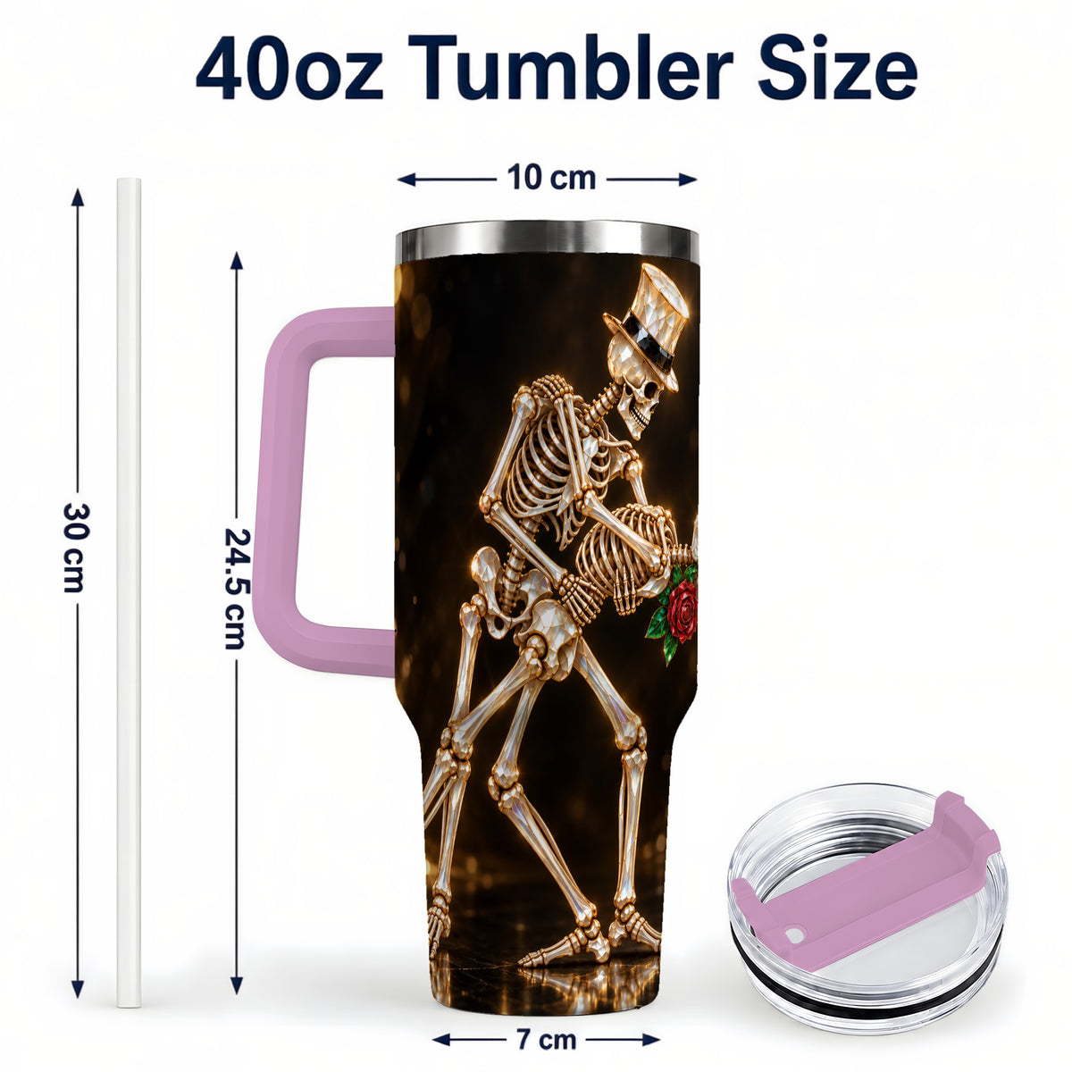 #pl[40oz|Pink] Skeleton Couple 40oz Tumbler with Handle, Gothic Stainless Steel Cup