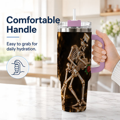 #pl[40oz|Pink] Skeleton Couple 40oz Tumbler with Handle, Gothic Stainless Steel Cup