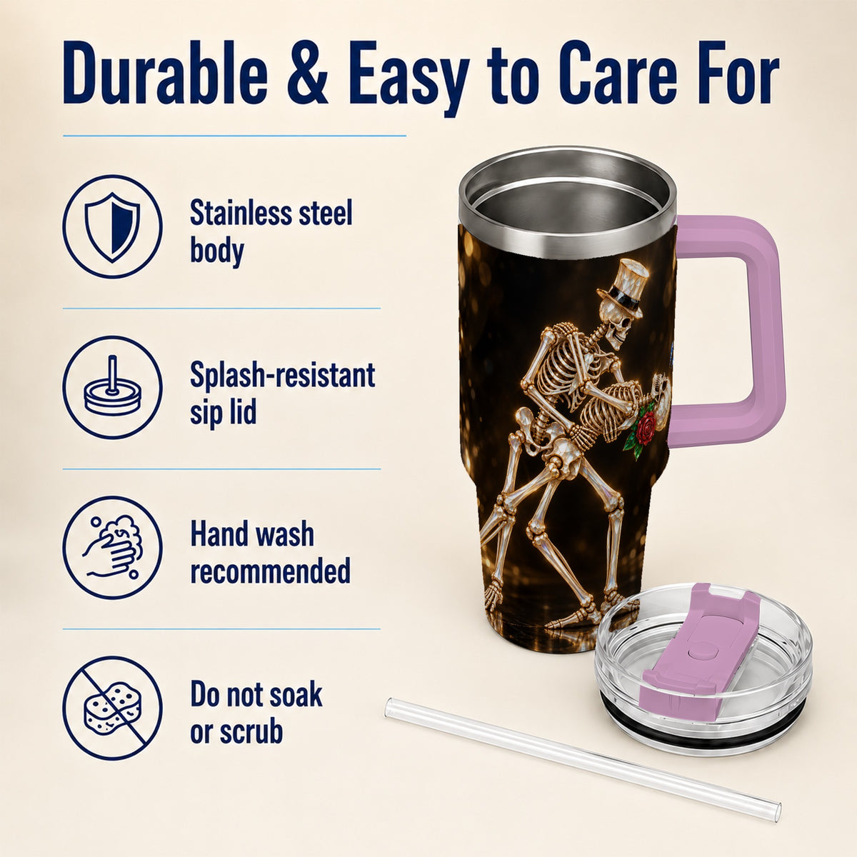 #pl[40oz|Pink] Skeleton Couple 40oz Tumbler with Handle, Gothic Stainless Steel Cup