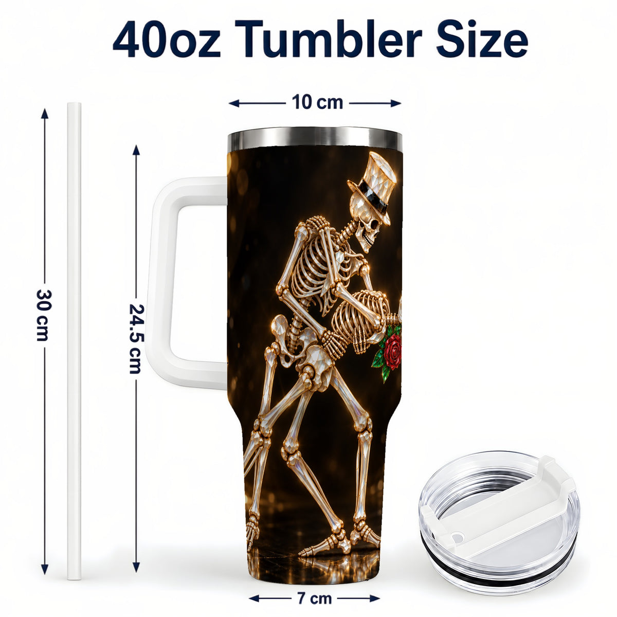 #pl[40oz|White] Skeleton Couple 40oz Tumbler with Handle, Gothic Stainless Steel Cup