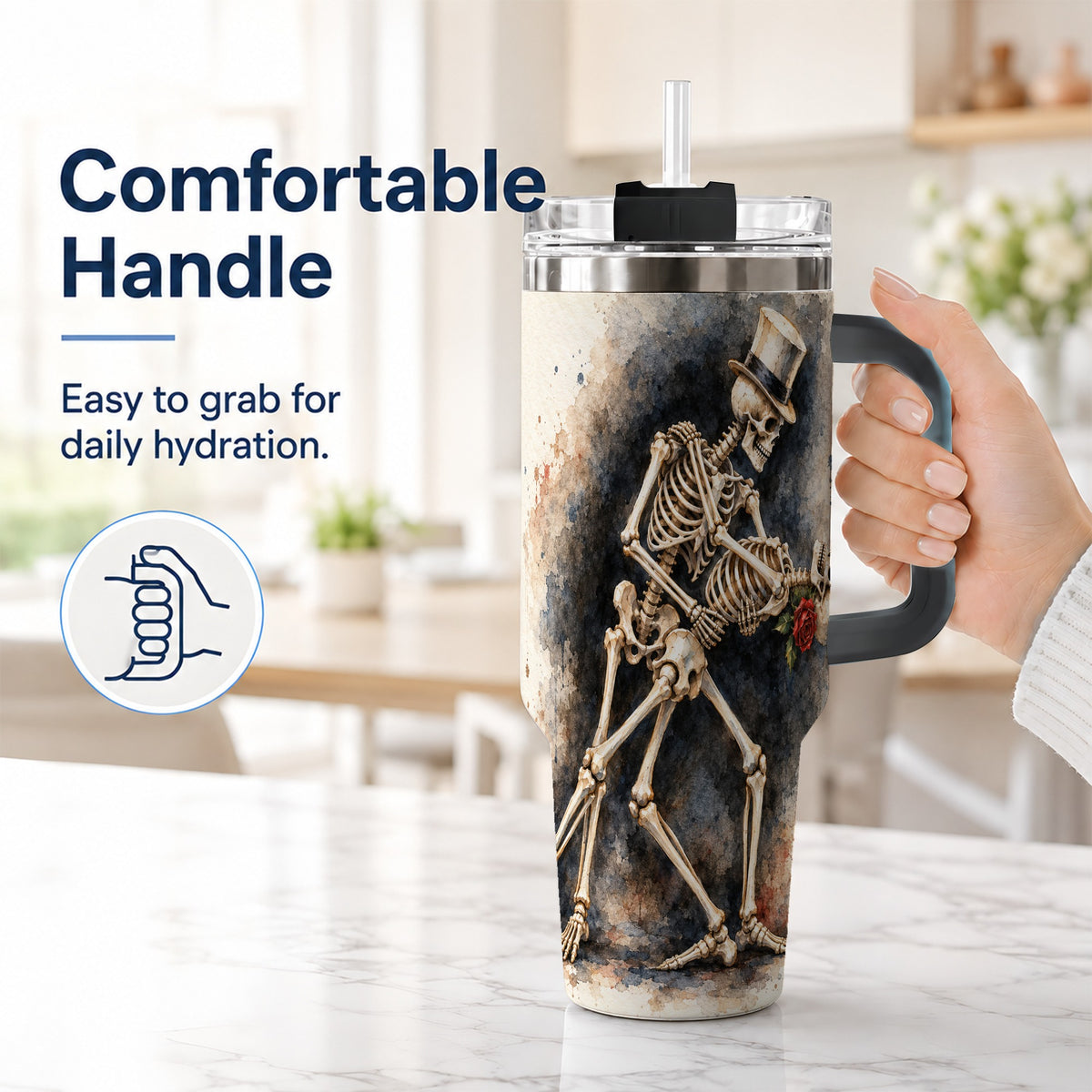 #pl[40oz|Black] Dancing Skeleton 40oz Tumbler with Handle, Gothic Romance Travel Cup
