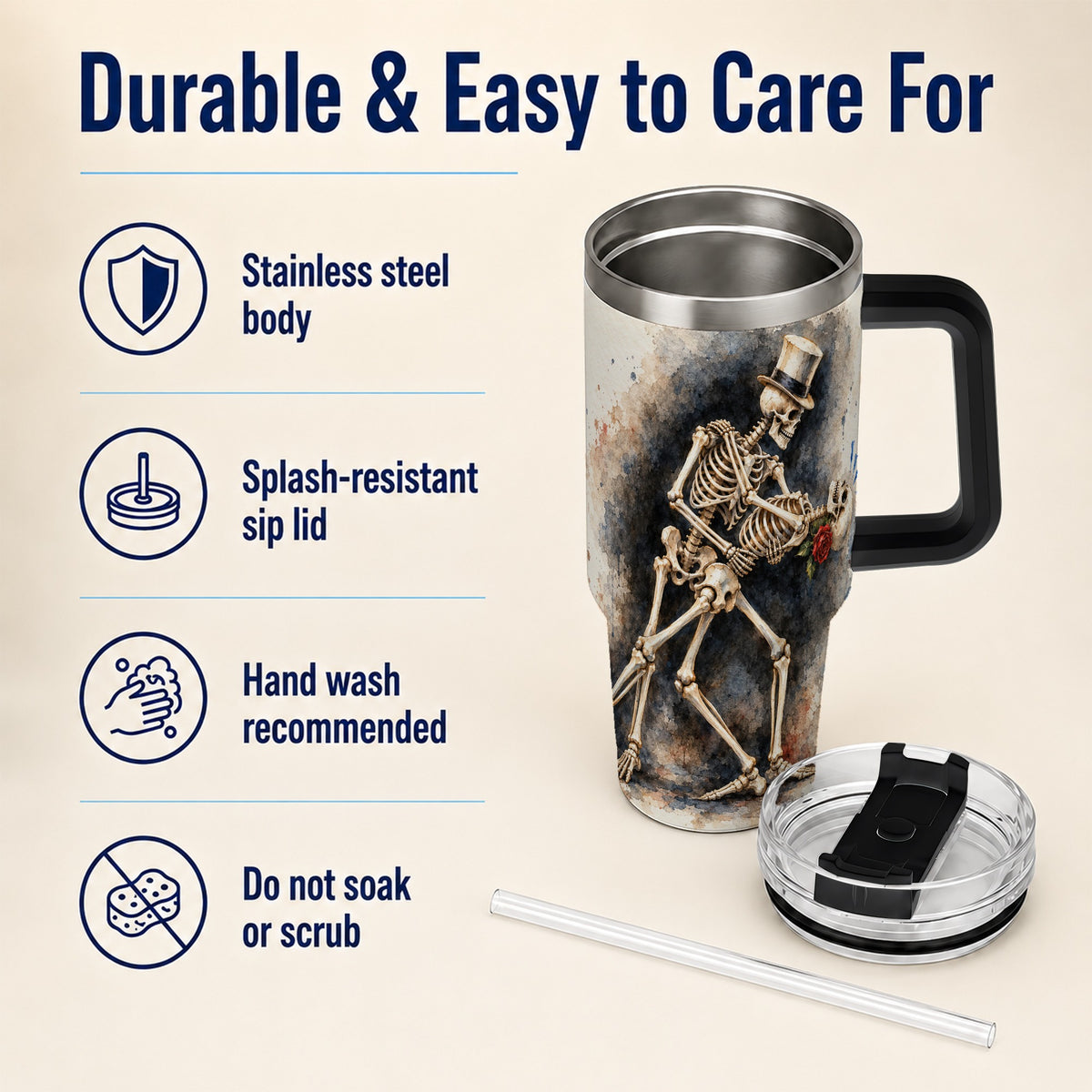 #pl[40oz|Black] Dancing Skeleton 40oz Tumbler with Handle, Gothic Romance Travel Cup
