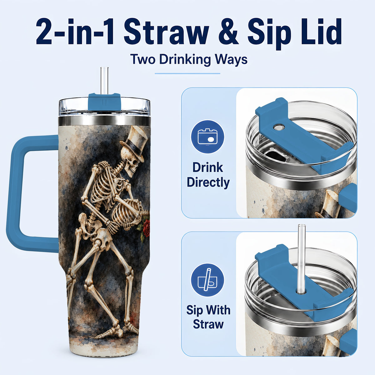 #pl[40oz|Blue] Dancing Skeleton 40oz Tumbler with Handle, Gothic Romance Travel Cup