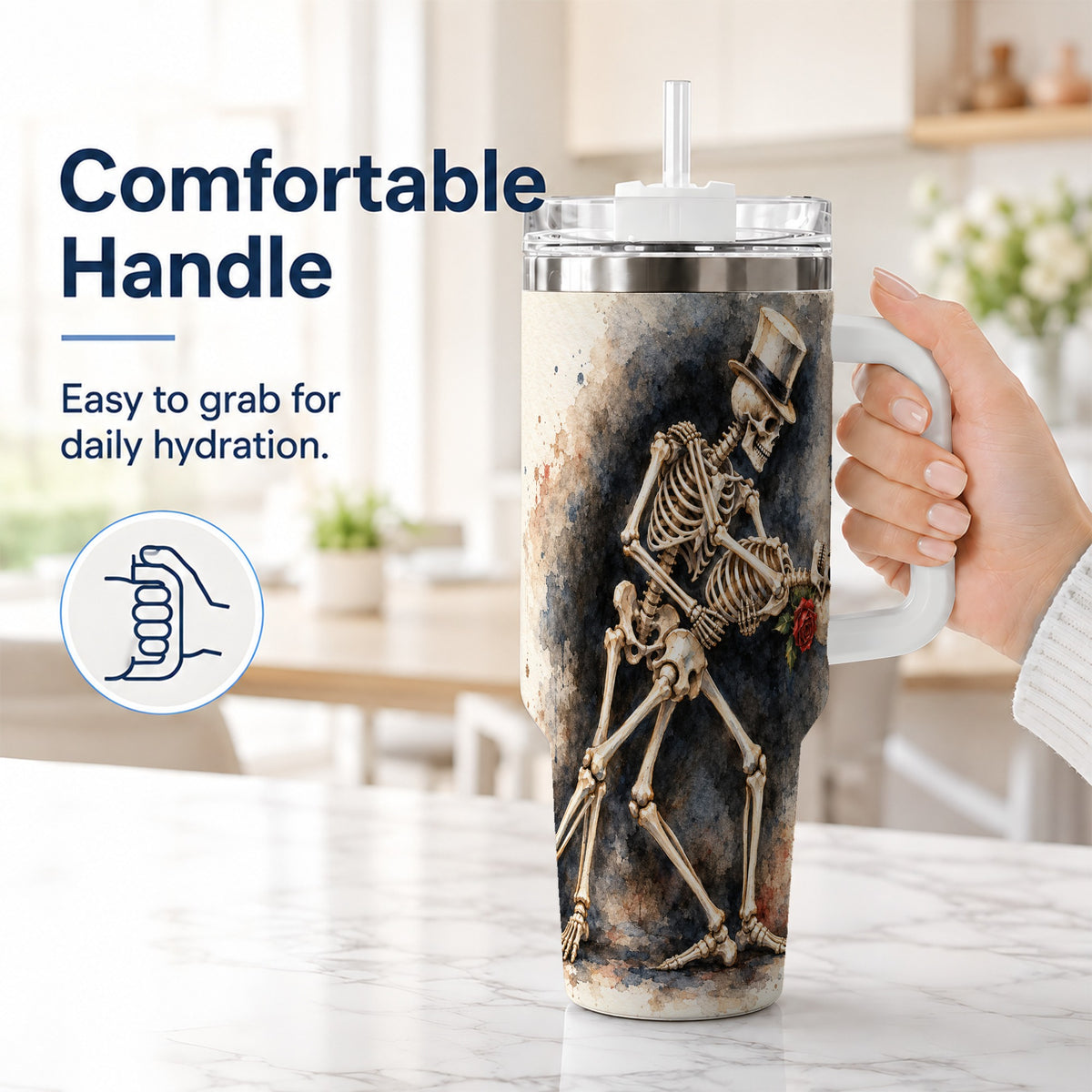 #pl[40oz|White] Dancing Skeleton 40oz Tumbler with Handle, Gothic Romance Travel Cup