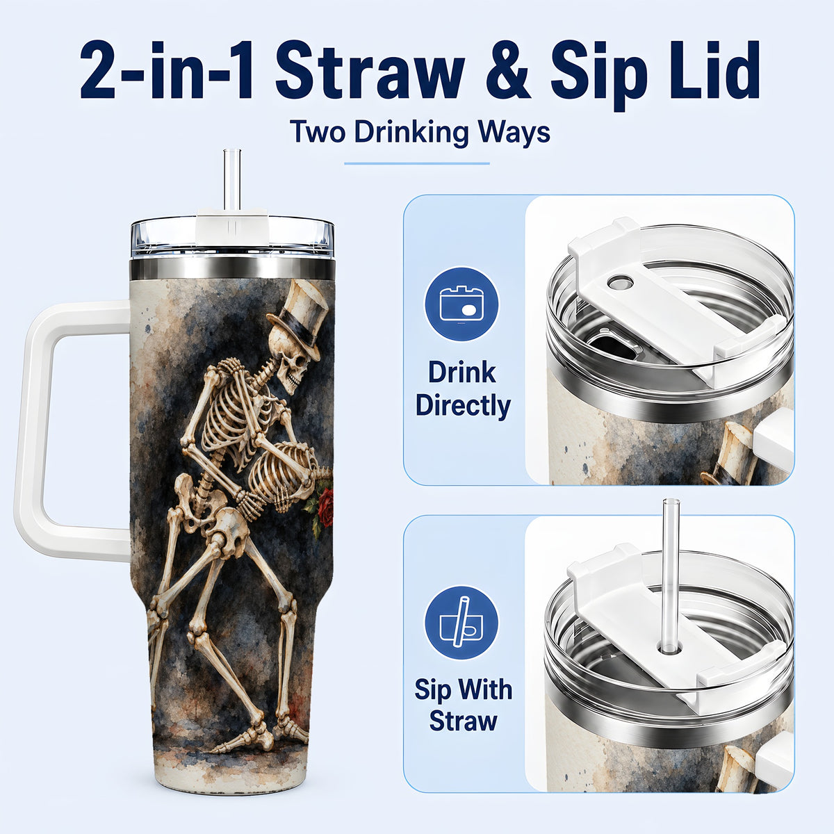 #pl[40oz|White] Dancing Skeleton 40oz Tumbler with Handle, Gothic Romance Travel Cup