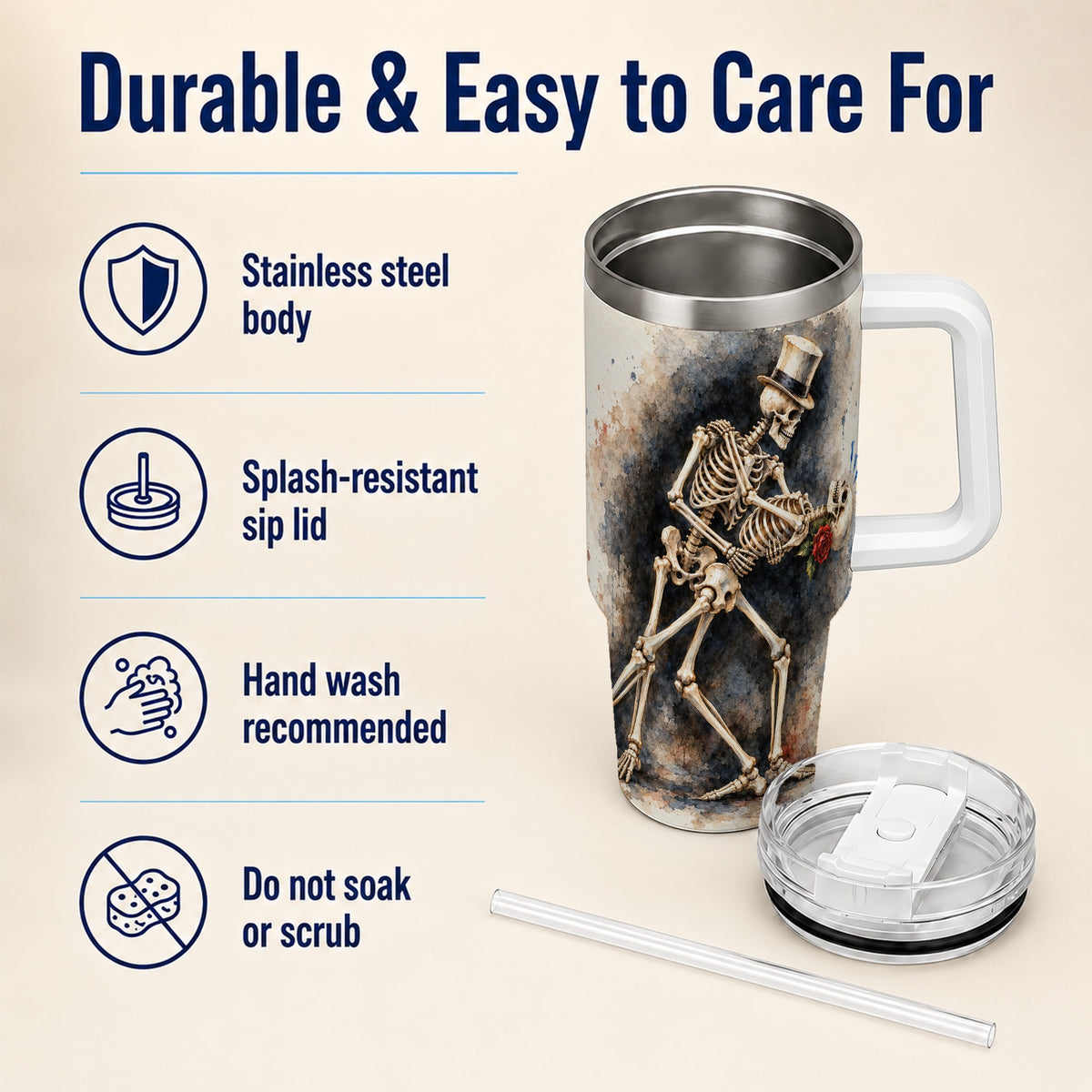 #pl[40oz|White] Dancing Skeleton 40oz Tumbler with Handle, Gothic Romance Travel Cup