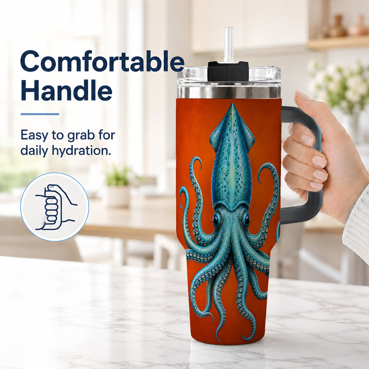 #pl[40oz|Black] Blue Squid 40oz Tumbler with Handle, Ocean Creature Travel Cup