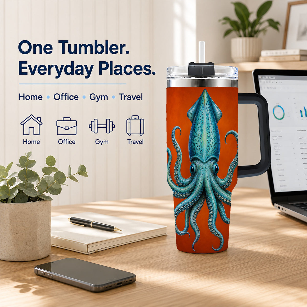 #pl[40oz|Black] Blue Squid 40oz Tumbler with Handle, Ocean Creature Travel Cup