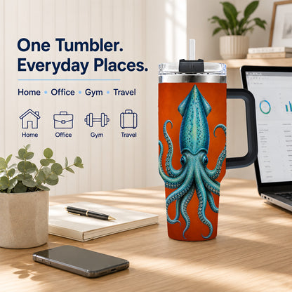 #pl[40oz|Black] Blue Squid 40oz Tumbler with Handle, Ocean Creature Travel Cup