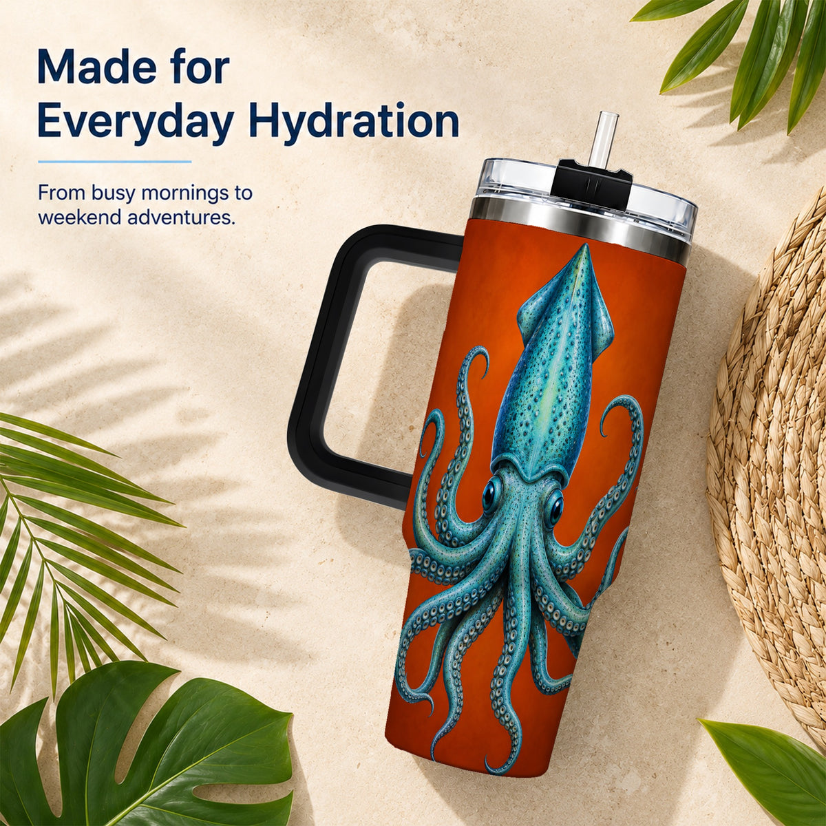 #pl[40oz|Black] Blue Squid 40oz Tumbler with Handle, Ocean Creature Travel Cup