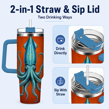 #pl[40oz|Blue] Blue Squid 40oz Tumbler with Handle, Ocean Creature Travel Cup