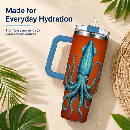 #pl[40oz|Blue] Blue Squid 40oz Tumbler with Handle, Ocean Creature Travel Cup