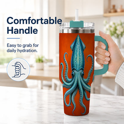 #pl[40oz|Green] Blue Squid 40oz Tumbler with Handle, Ocean Creature Travel Cup