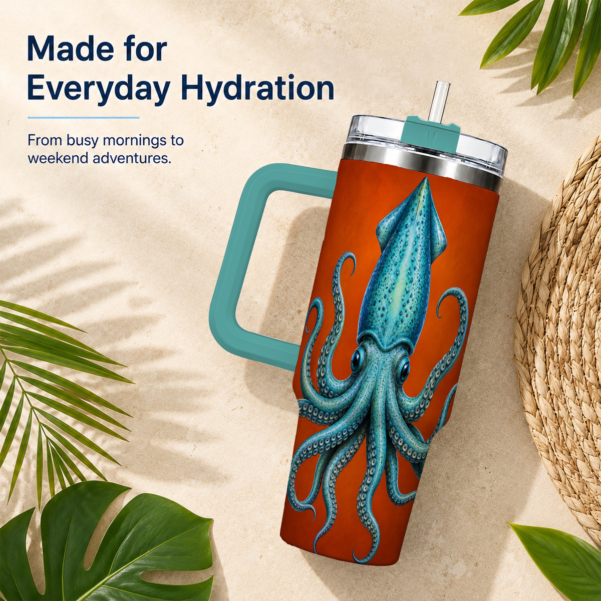 #pl[40oz|Green] Blue Squid 40oz Tumbler with Handle, Ocean Creature Travel Cup