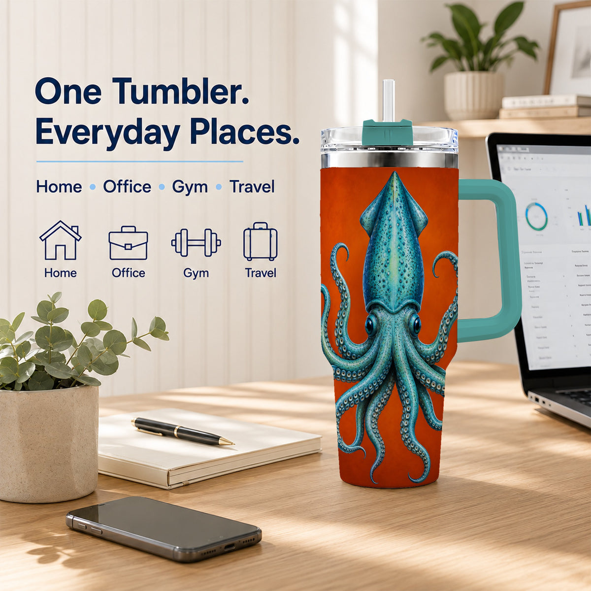 #pl[40oz|Green] Blue Squid 40oz Tumbler with Handle, Ocean Creature Travel Cup