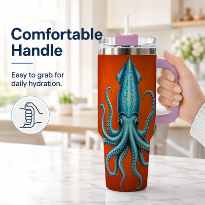 #pl[40oz|Pink] Blue Squid 40oz Tumbler with Handle, Ocean Creature Travel Cup