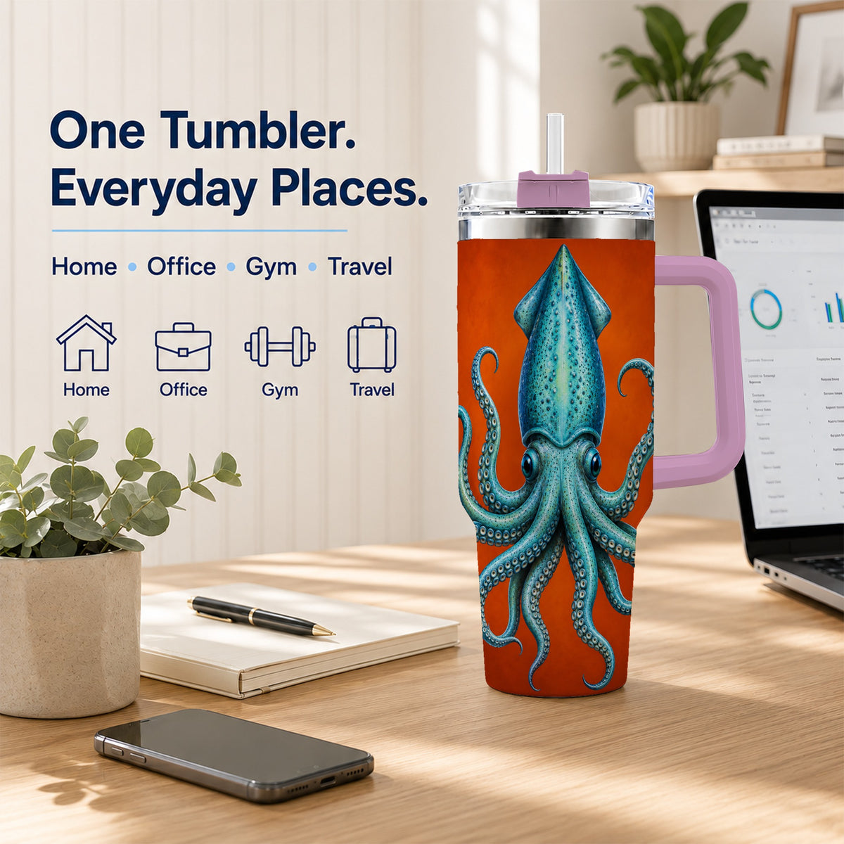 #pl[40oz|Pink] Blue Squid 40oz Tumbler with Handle, Ocean Creature Travel Cup