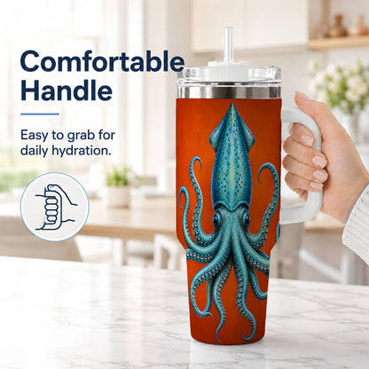 #pl[40oz|White] Blue Squid 40oz Tumbler with Handle, Ocean Creature Travel Cup