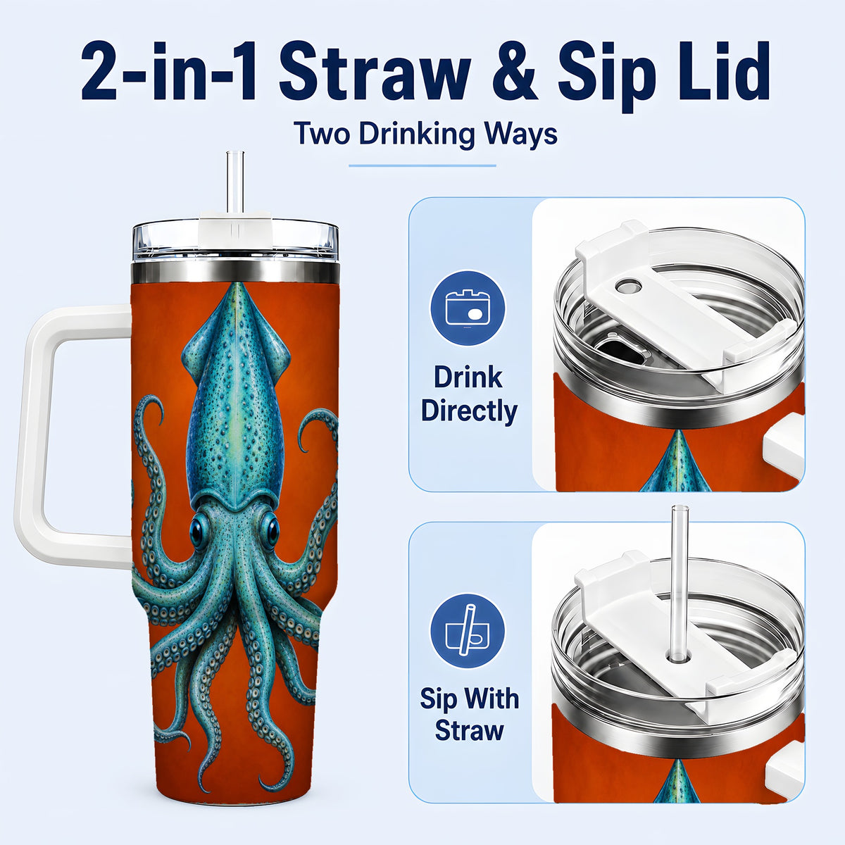 #pl[40oz|White] Blue Squid 40oz Tumbler with Handle, Ocean Creature Travel Cup