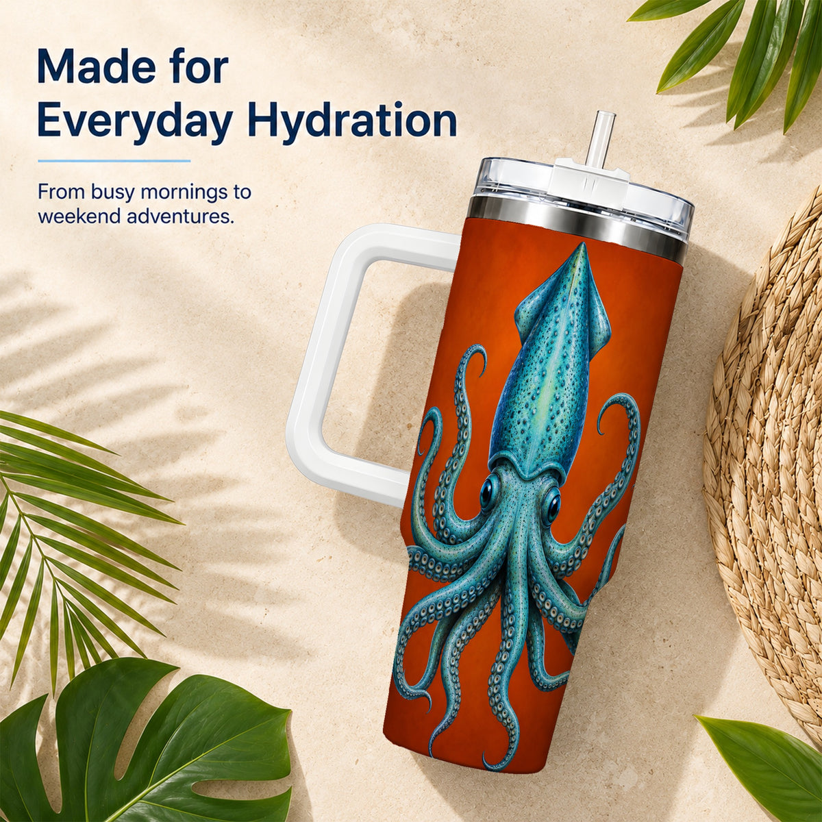 #pl[40oz|White] Blue Squid 40oz Tumbler with Handle, Ocean Creature Travel Cup