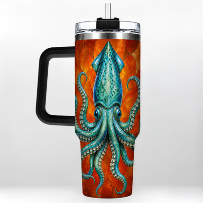 #pl[40oz|Black] Stained Glass Squid 40oz Tumbler with Handle, Ocean Creature Travel Cup