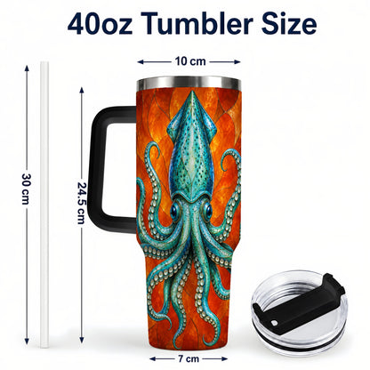 #pl[40oz|Black] Stained Glass Squid 40oz Tumbler with Handle, Ocean Creature Travel Cup