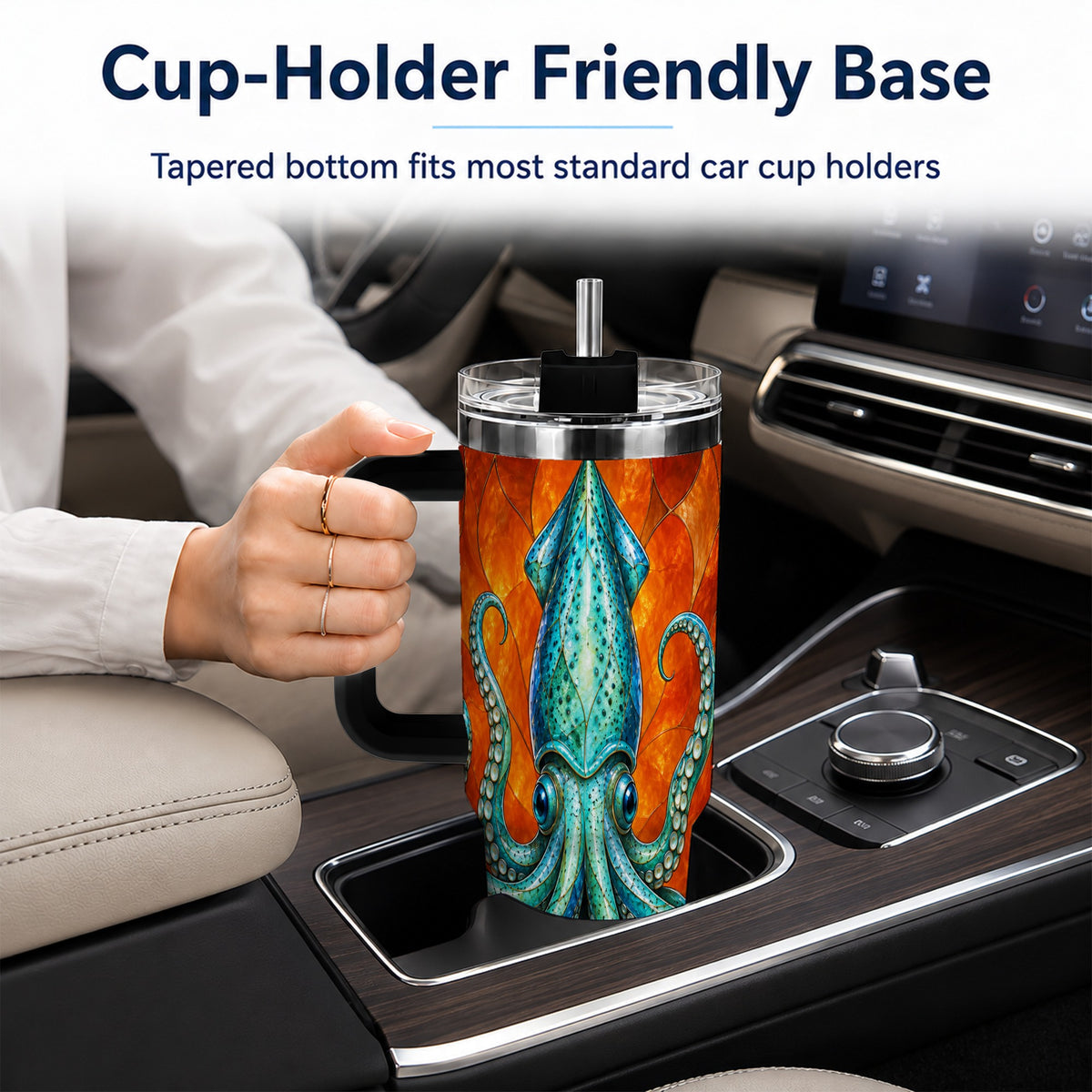 #pl[40oz|Black] Stained Glass Squid 40oz Tumbler with Handle, Ocean Creature Travel Cup