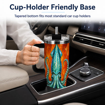 #pl[40oz|Black] Stained Glass Squid 40oz Tumbler with Handle, Ocean Creature Travel Cup