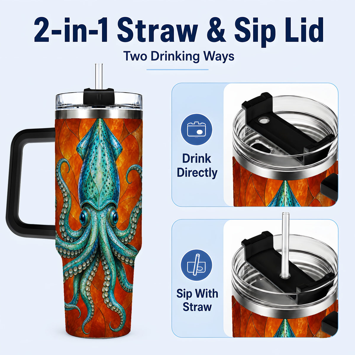 #pl[40oz|Black] Stained Glass Squid 40oz Tumbler with Handle, Ocean Creature Travel Cup