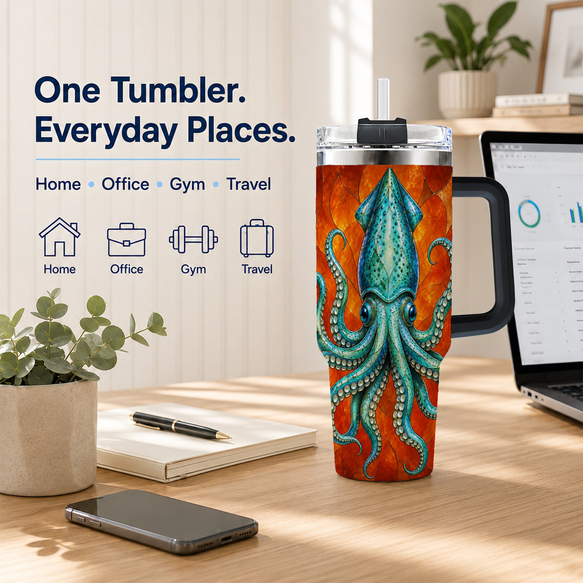 #pl[40oz|Black] Stained Glass Squid 40oz Tumbler with Handle, Ocean Creature Travel Cup