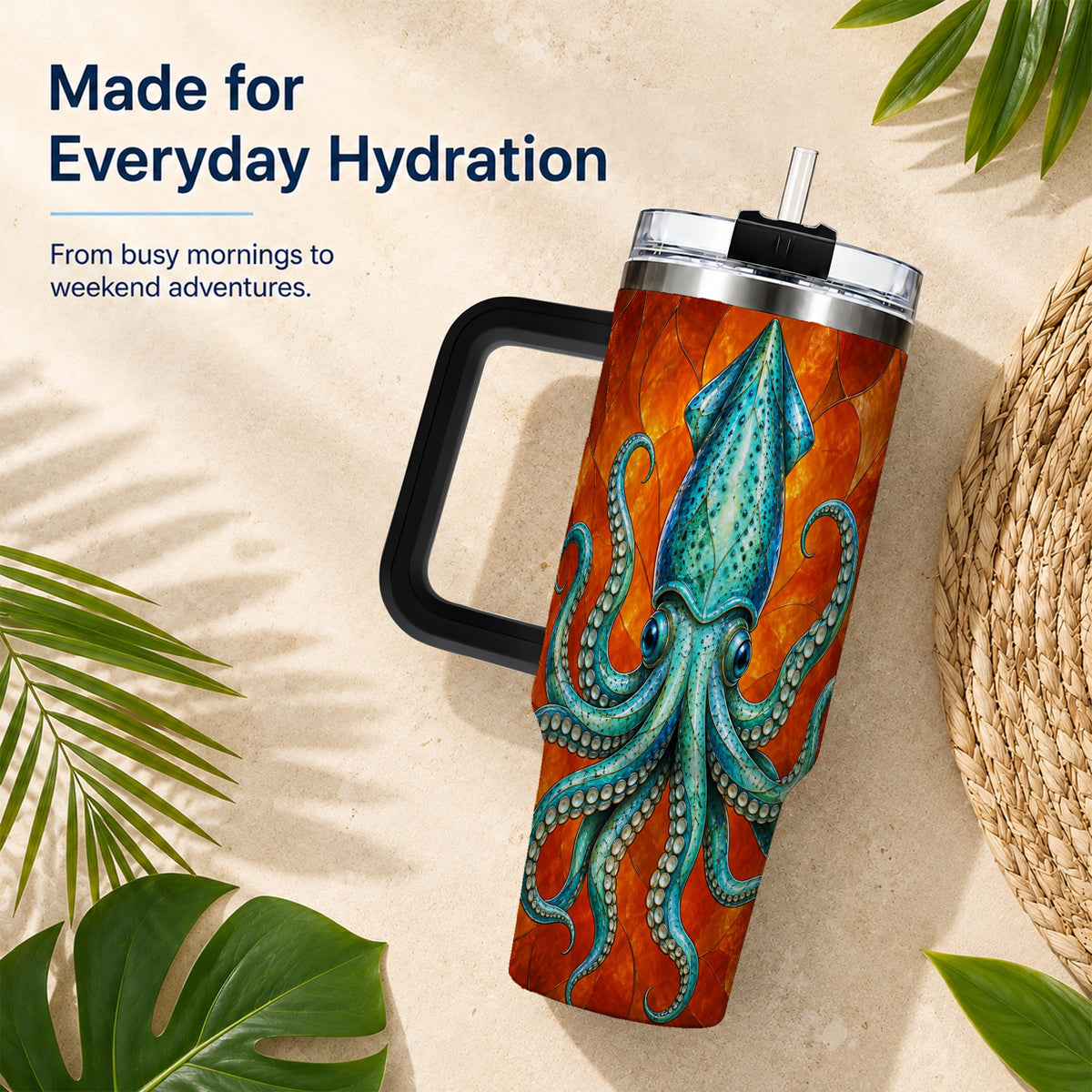 #pl[40oz|Black] Stained Glass Squid 40oz Tumbler with Handle, Ocean Creature Travel Cup