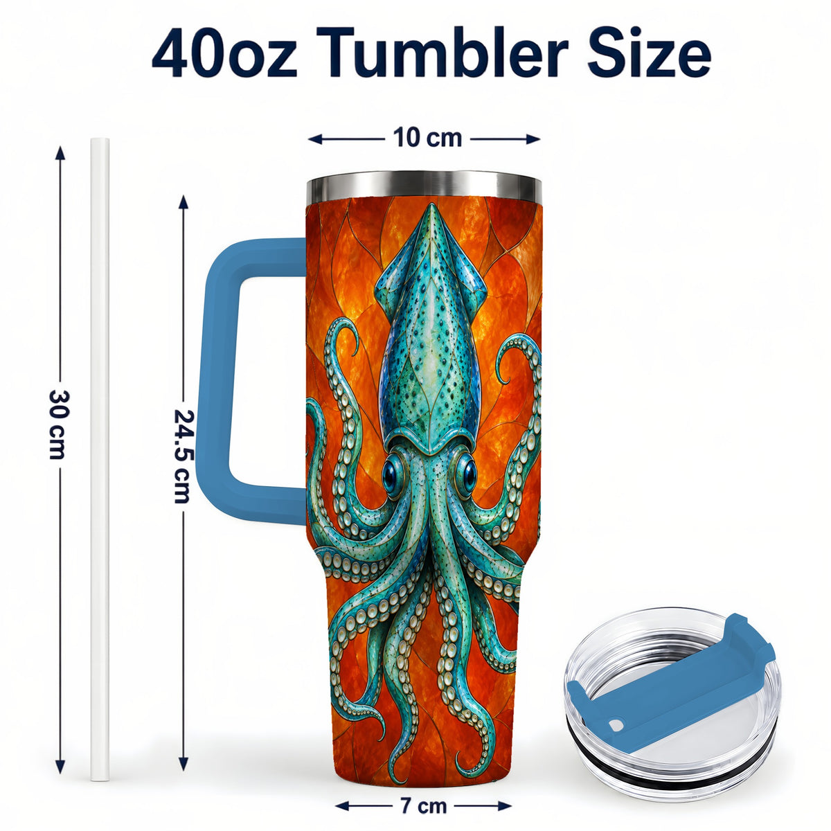 #pl[40oz|Blue] Stained Glass Squid 40oz Tumbler with Handle, Ocean Creature Travel Cup