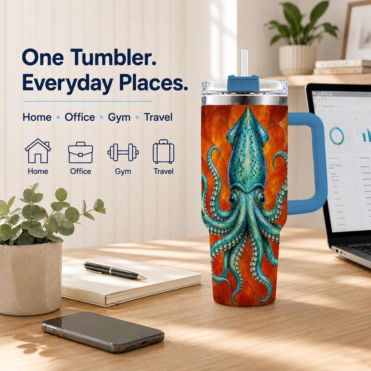 #pl[40oz|Blue] Stained Glass Squid 40oz Tumbler with Handle, Ocean Creature Travel Cup