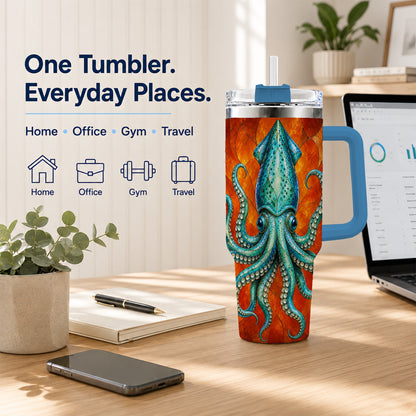 #pl[40oz|Blue] Stained Glass Squid 40oz Tumbler with Handle, Ocean Creature Travel Cup