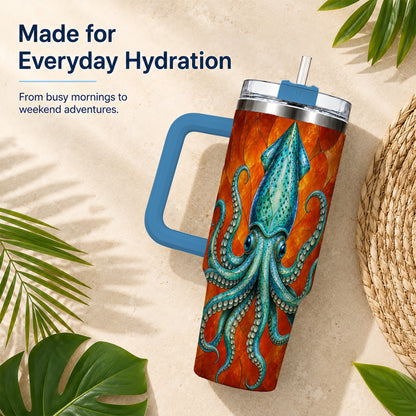 #pl[40oz|Blue] Stained Glass Squid 40oz Tumbler with Handle, Ocean Creature Travel Cup
