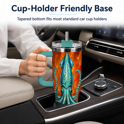 #pl[40oz|Green] Stained Glass Squid 40oz Tumbler with Handle, Ocean Creature Travel Cup