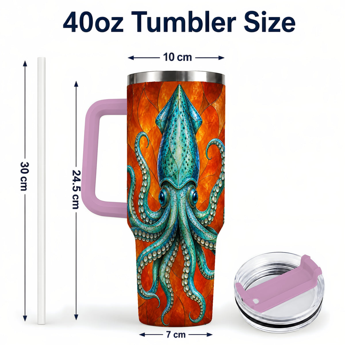 #pl[40oz|Pink] Stained Glass Squid 40oz Tumbler with Handle, Ocean Creature Travel Cup